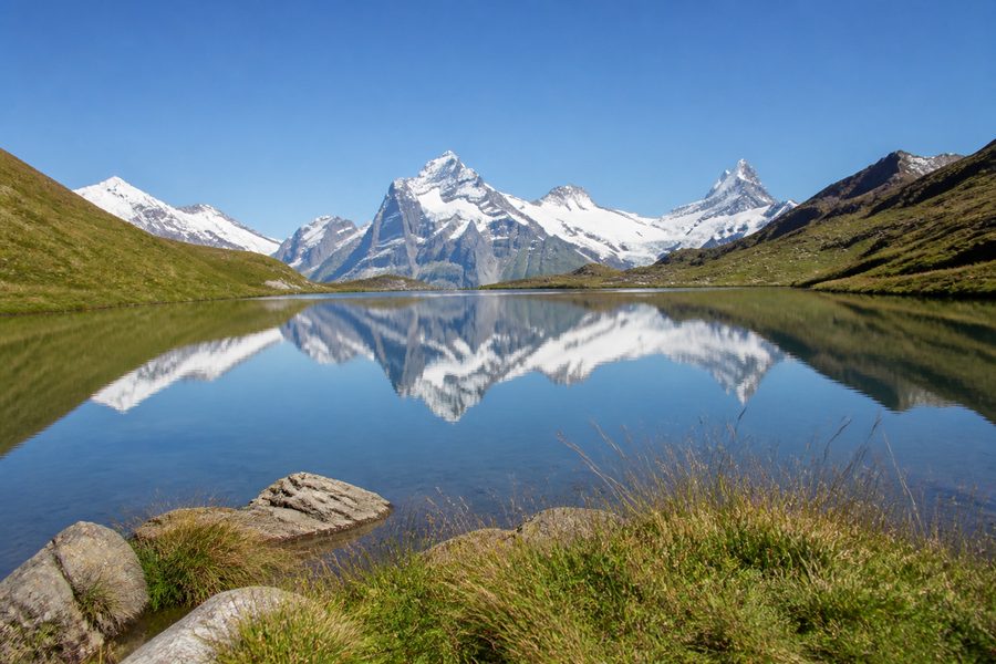 El lago Bachalpsee reflejando las cumbres nevadas, con hierba y rocas en la orilla