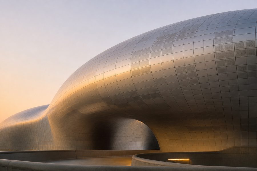 La fachada curva y plateada del Dongdaemun Design Plaza al atardecer
