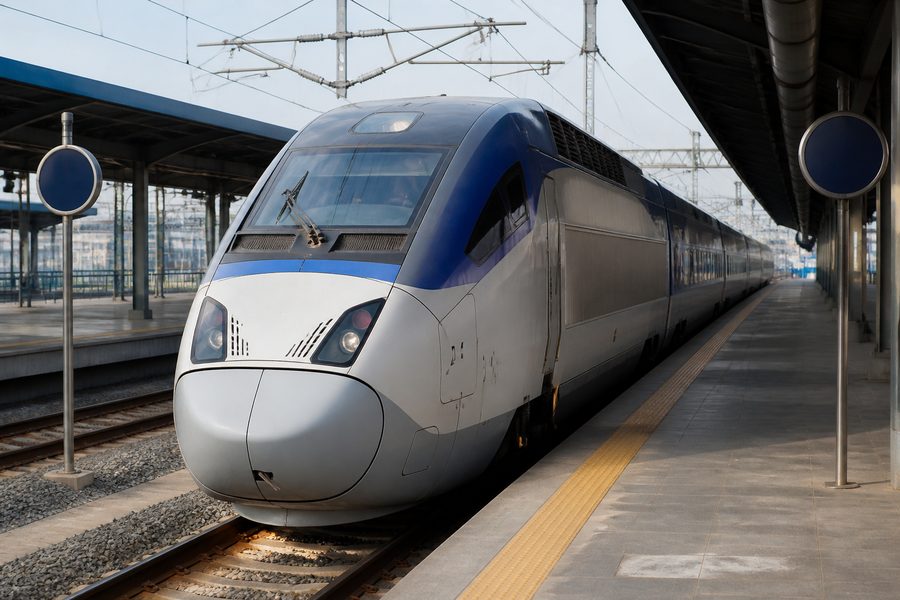 Un tren de alta velocidad KTX detenido en el andén de una estación coreana