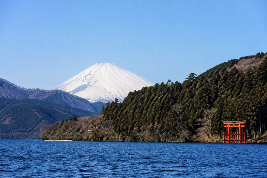 El monte Fuji nevado al fondo del lago Ashi, con el torii rojo del santuario de Hakone en la orilla